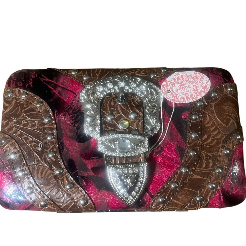 Mountain West Crystal Buckle Tooled Leather Wallet Clutch w/Checkbook